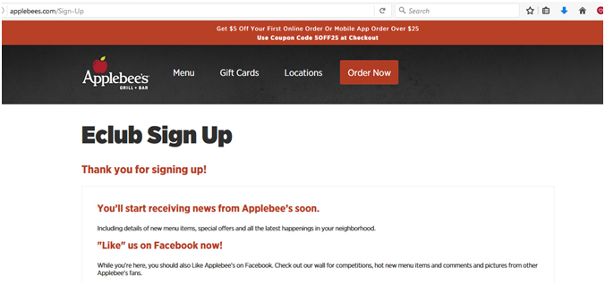 Thank you page example - Applebees